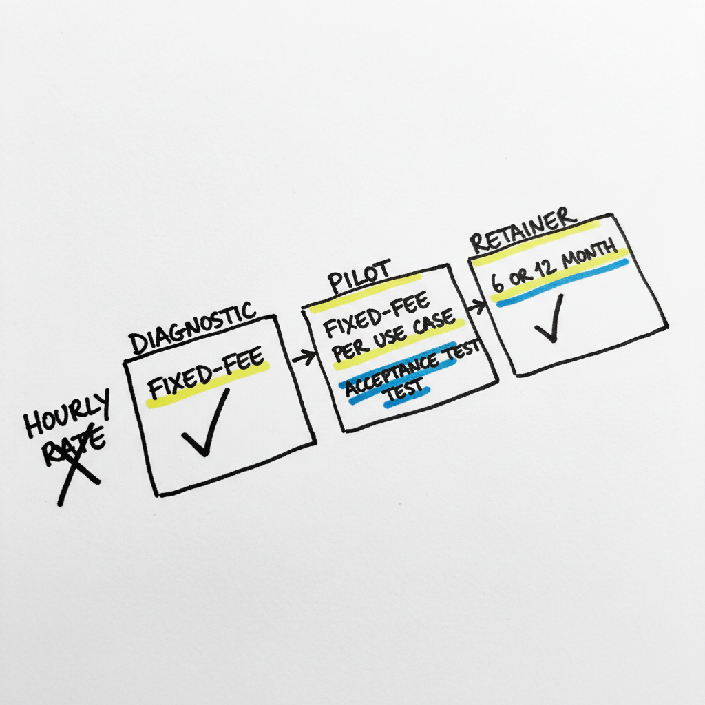 Hand-drawn pricing cheat sheet comparing fixed-fee diagnostic, fixed-fee pilot and retainer models for AI work