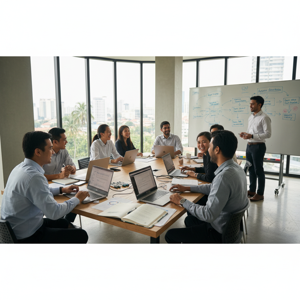Corporate AI agent training workshop in Malaysia with professionals learning at a table with laptops and whiteboard diagrams.