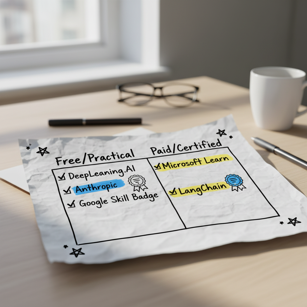 Hand-drawn comparison cheat sheet of free versus paid AI agent certifications for 2025.