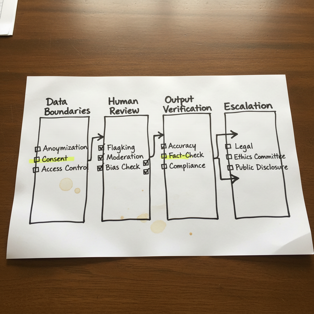 Hand-drawn paper infographic outlining an AI governance framework with data boundaries, human review and escalation steps