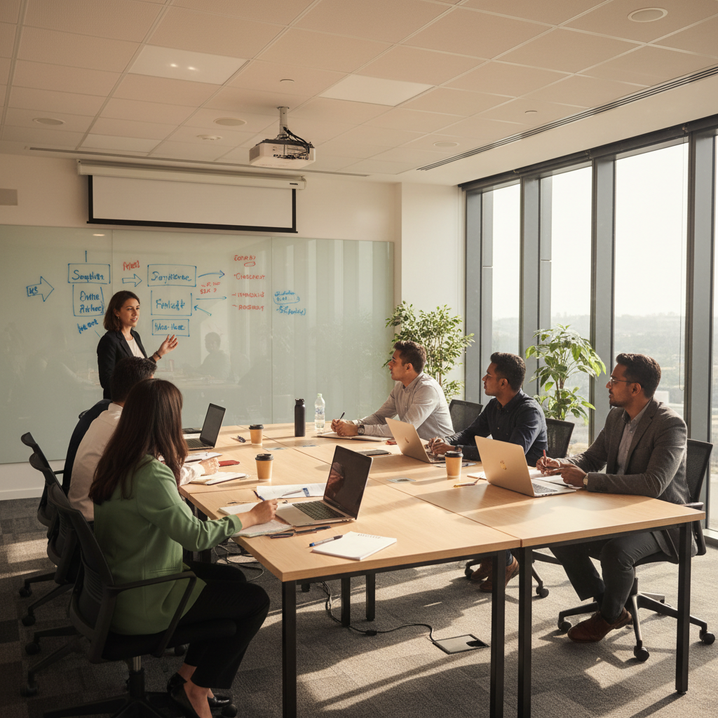 Corporate AI training workshop in Malaysia with diverse professionals and a trainer at a whiteboard in a modern training room