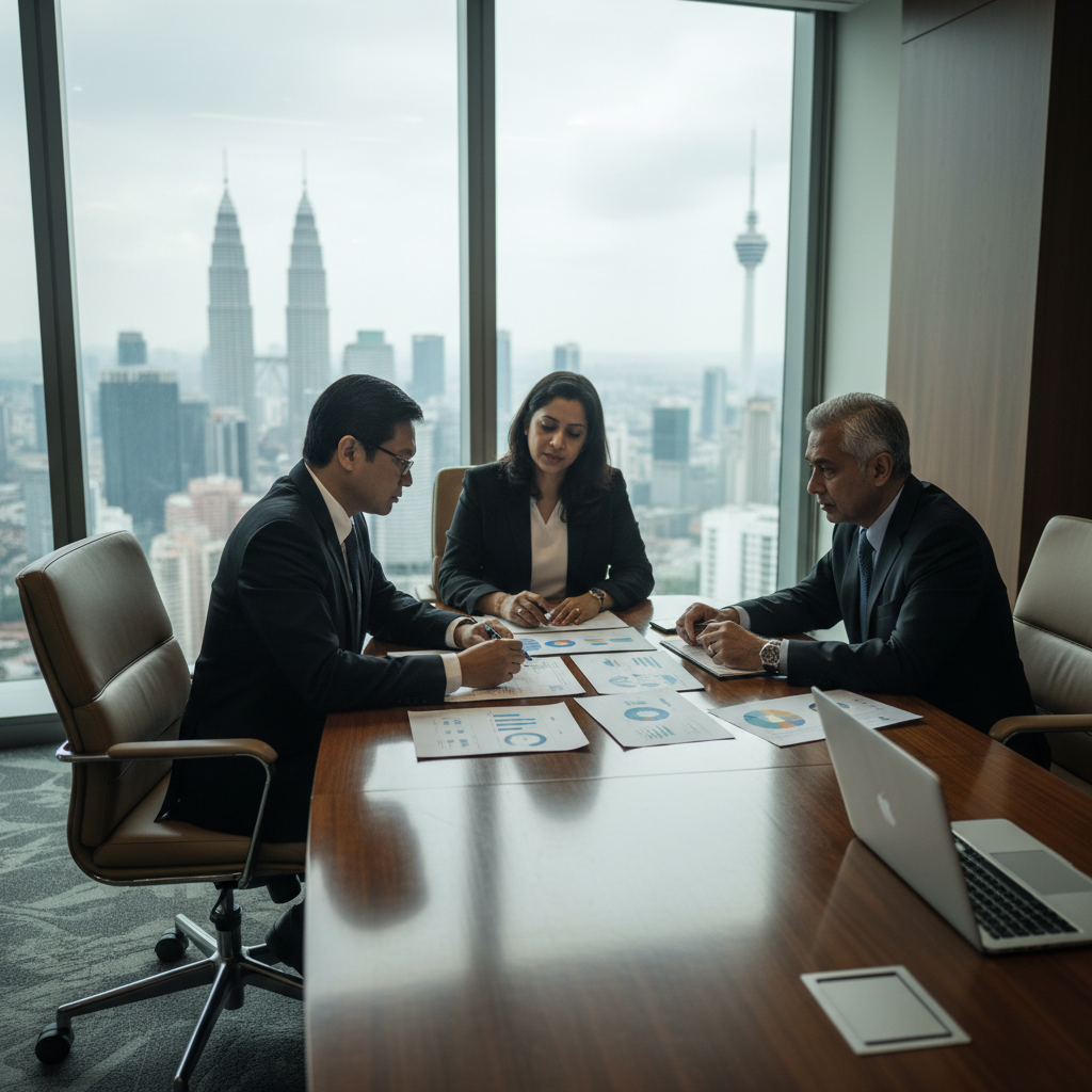 Leadership team reviewing an AI adoption roadmap during an executive advisory session in a Kuala Lumpur boardroom