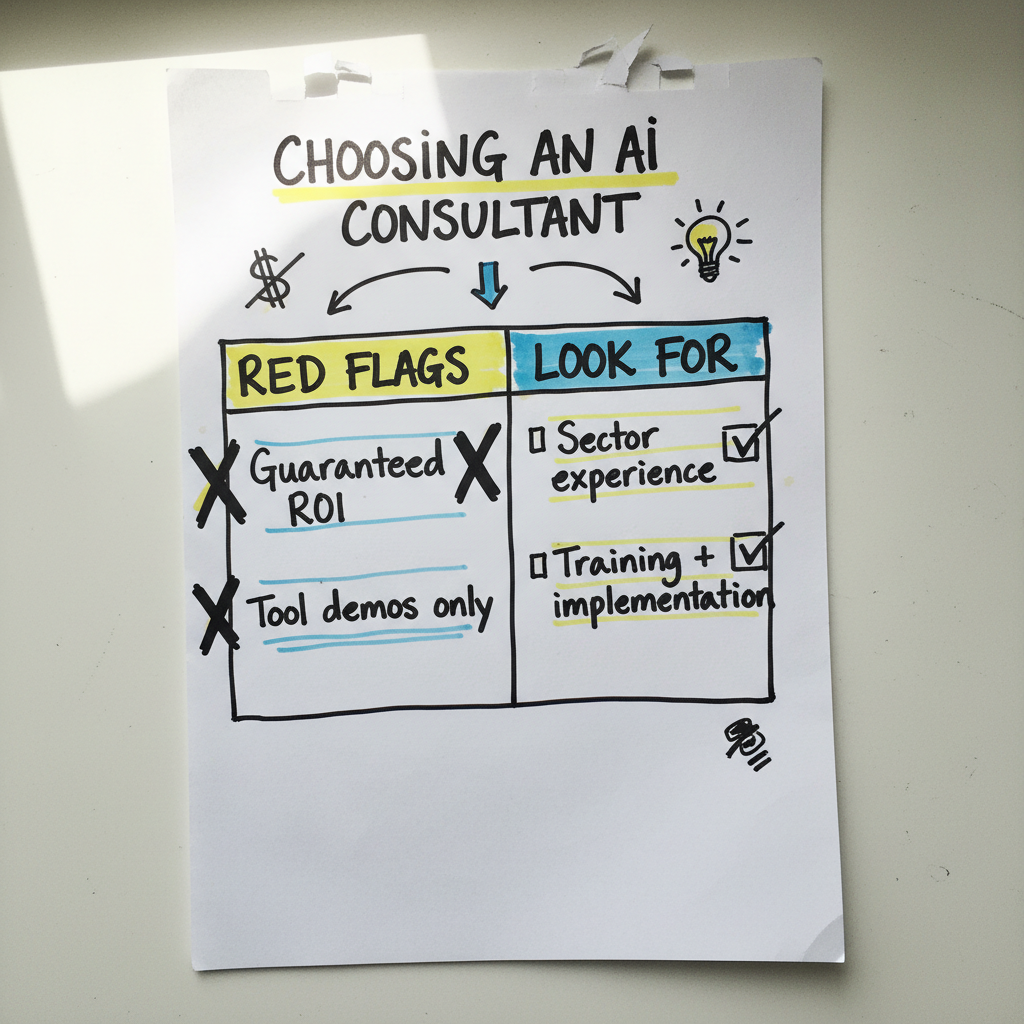 Hand-drawn comparison cheat sheet on choosing an AI consultant with red flags to avoid and qualities to look for