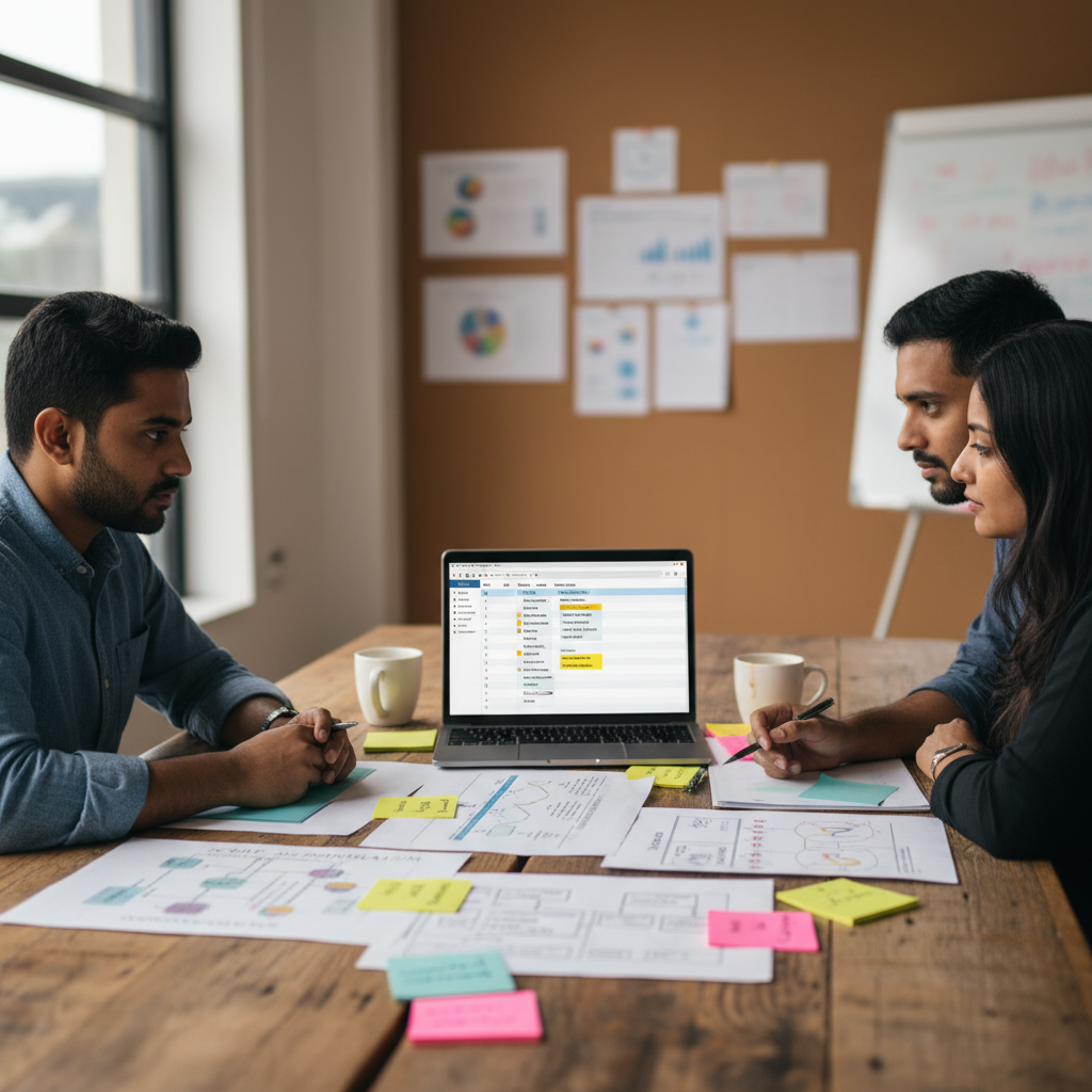 Professionals planning practical AI use cases over workbooks and process maps