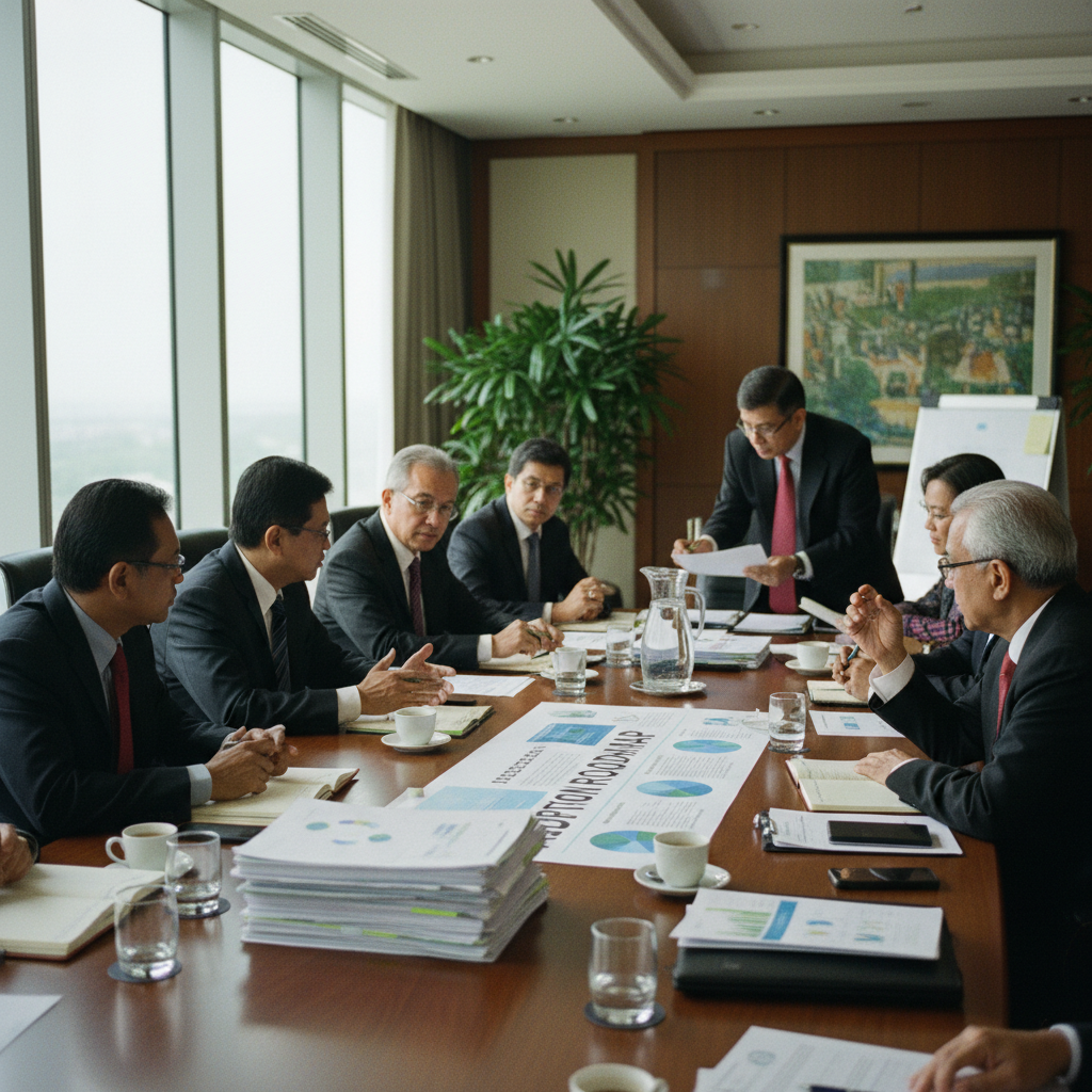 Senior Malaysian executives in a boardroom reviewing an AI adoption strategy together
