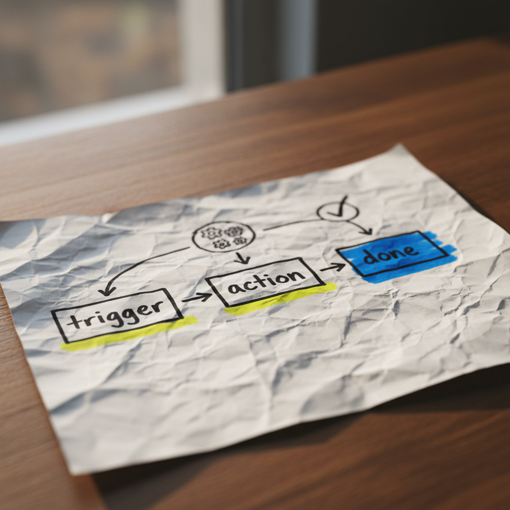 Hand-drawn workflow diagram showing automation steps from trigger through action to done
