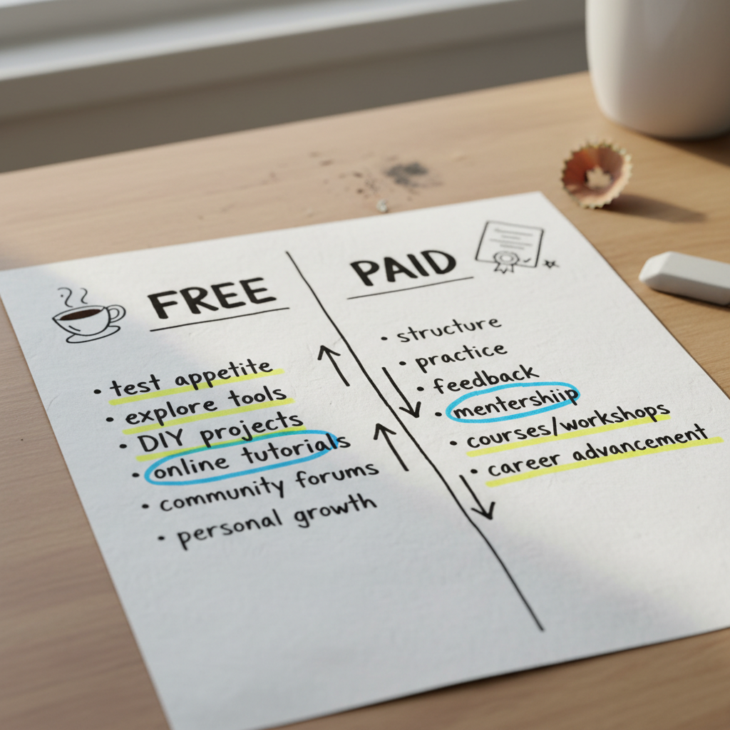 Hand drawn comparison sheet contrasting free versus paid AI courses by structure, practice and feedback