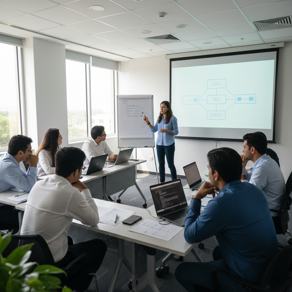 Malay trainer guiding multi-ethnic Malaysian professionals through hands-on AI training with laptops and a whiteboard